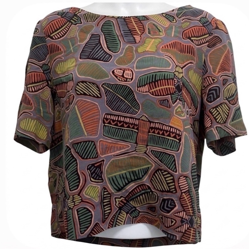 Kate Spade Saturday Silk Dragonfly/Abstract Print Cropped Blouse - XS - EUC